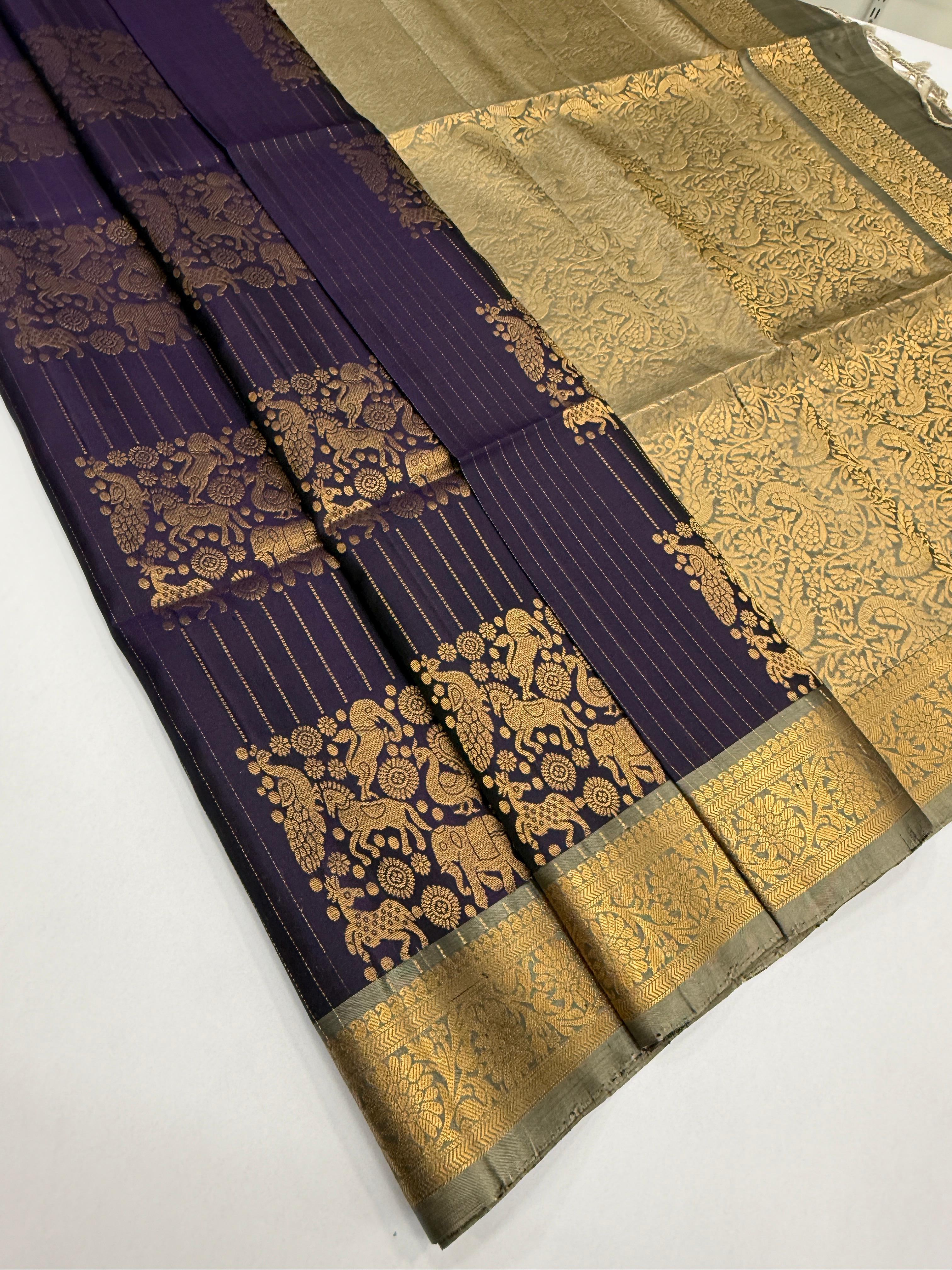VSF1197 - dark purple color body , grey color pallu,blouse - Pure silk saree
