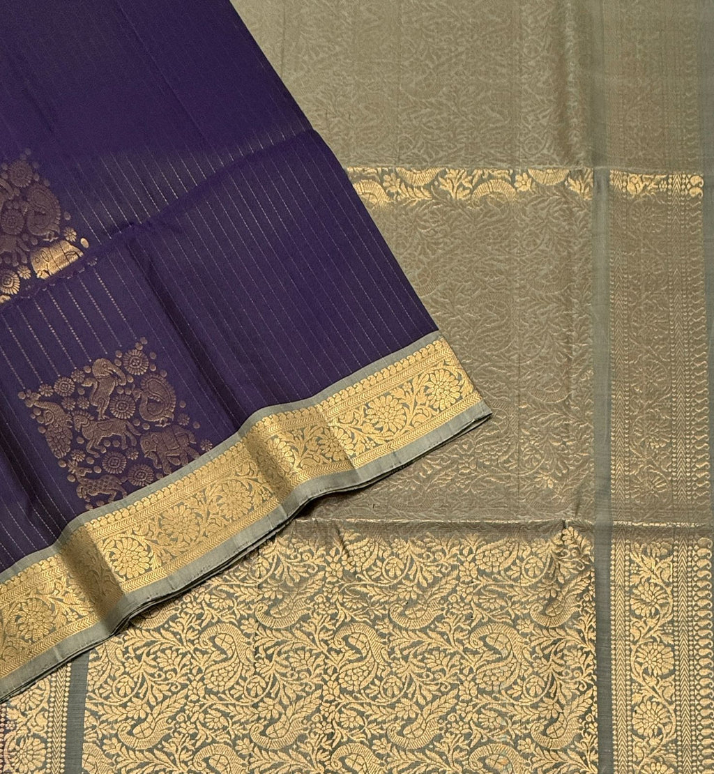 VSF1197 - dark purple color body , grey color pallu,blouse - Pure silk saree