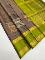 VSF1198 - dark grey color body , leaf green color pallu,blouse - Pure silk saree