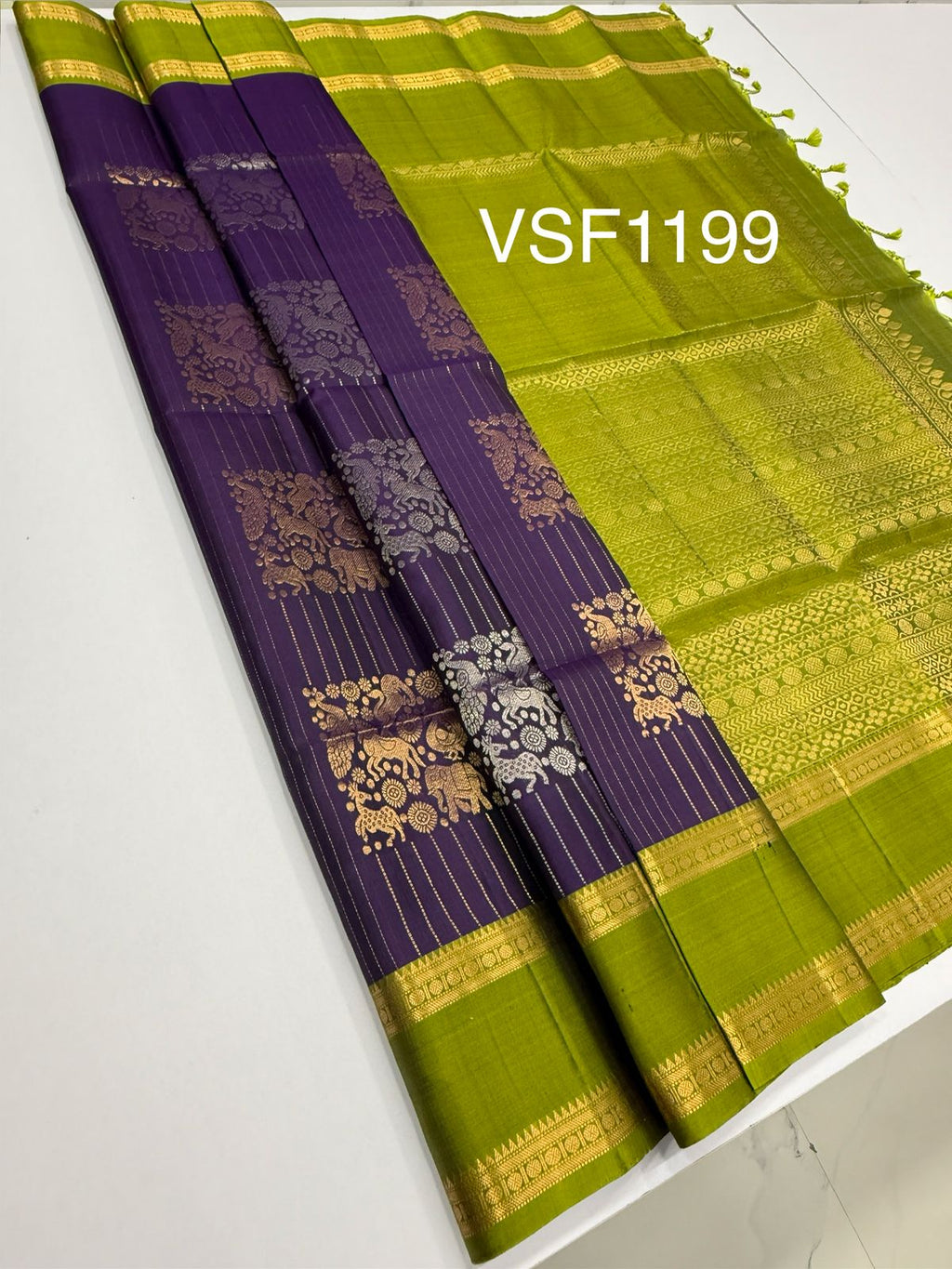 VSF1199 - violet color body , leaf green color pallu,blouse - Pure silk saree