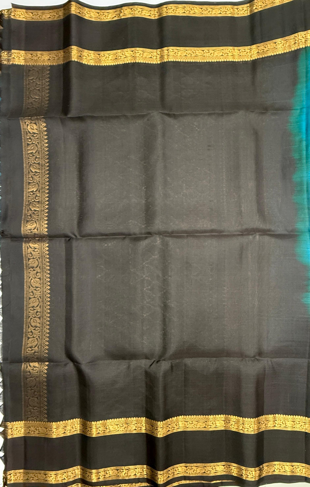 VSF1200 - peacock blue color body , black color pallu,blouse - Pure silk saree