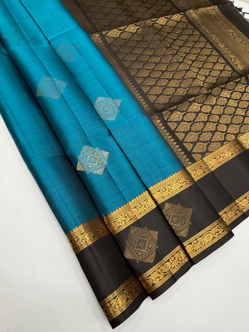 VSF1200 - peacock blue color body , black color pallu,blouse - Pure silk saree