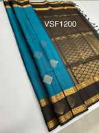 VSF1200 - peacock blue color body , black color pallu,blouse - Pure silk saree