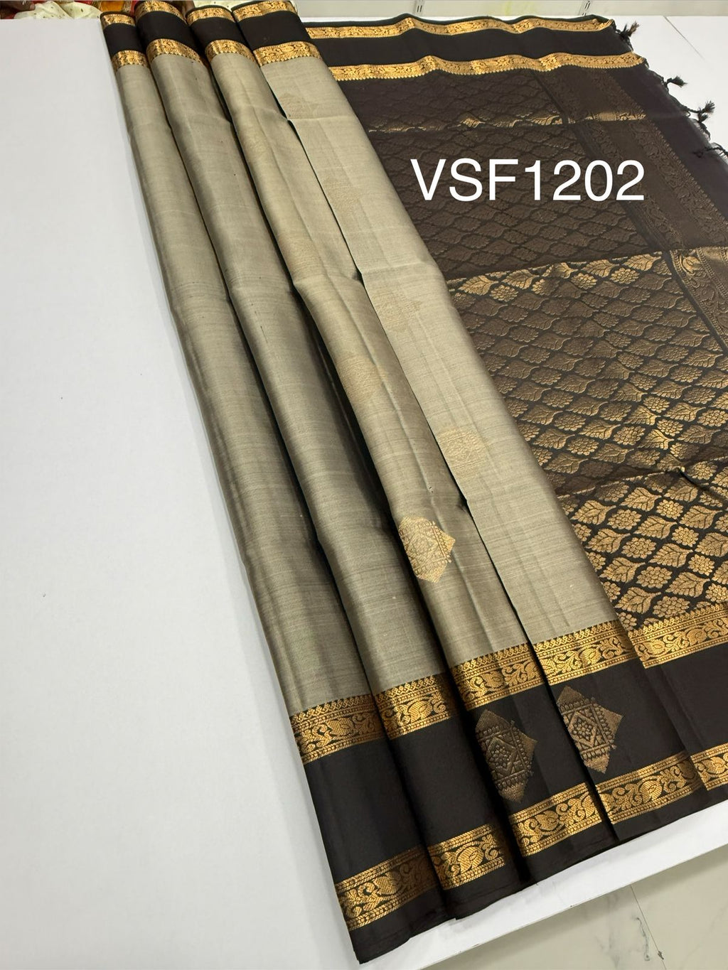 VSF1202 - grey color body , brown color pallu,blouse - Pure silk saree