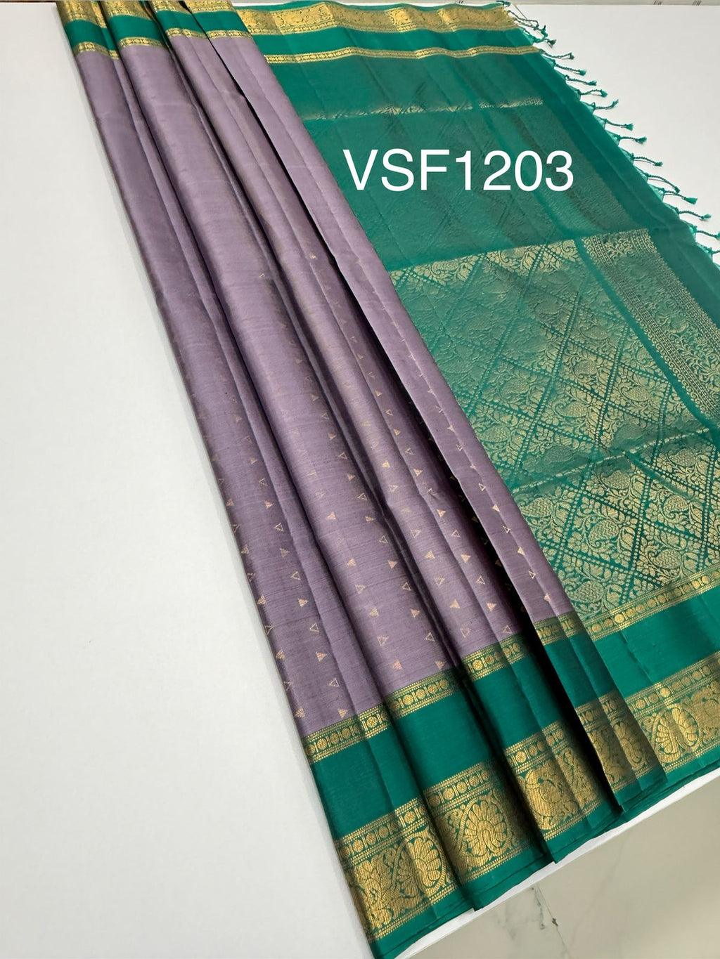 VSF1203 - lavender color body , peacock green color pallu,blouse - Pure silk saree