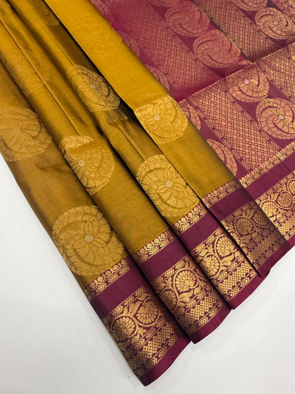 VSF1205 - mustard color body , purple color pallu,blouse - Pure silk saree