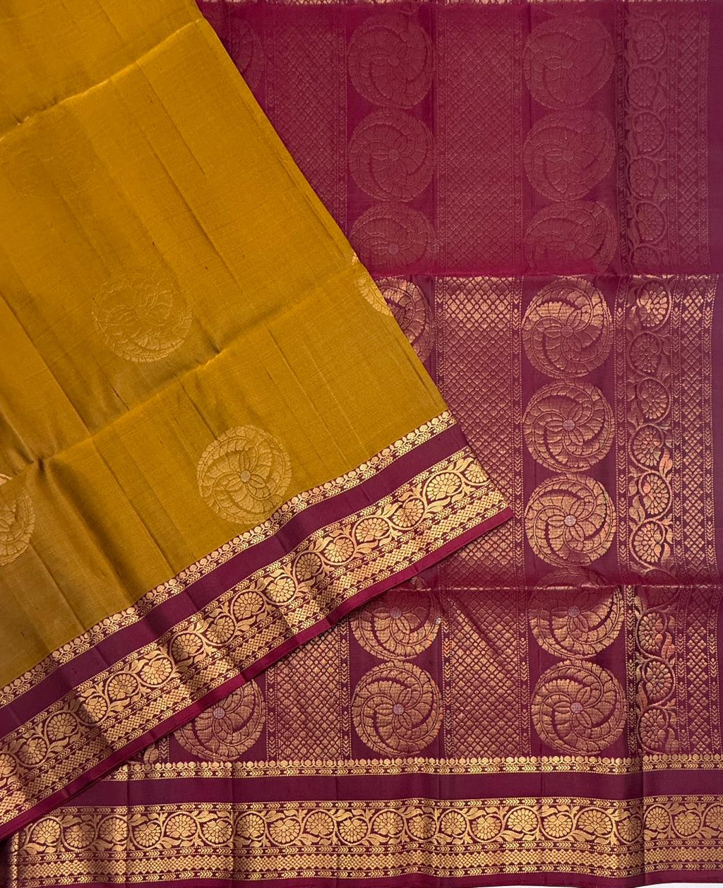 VSF1205 - mustard color body , purple color pallu,blouse - Pure silk saree