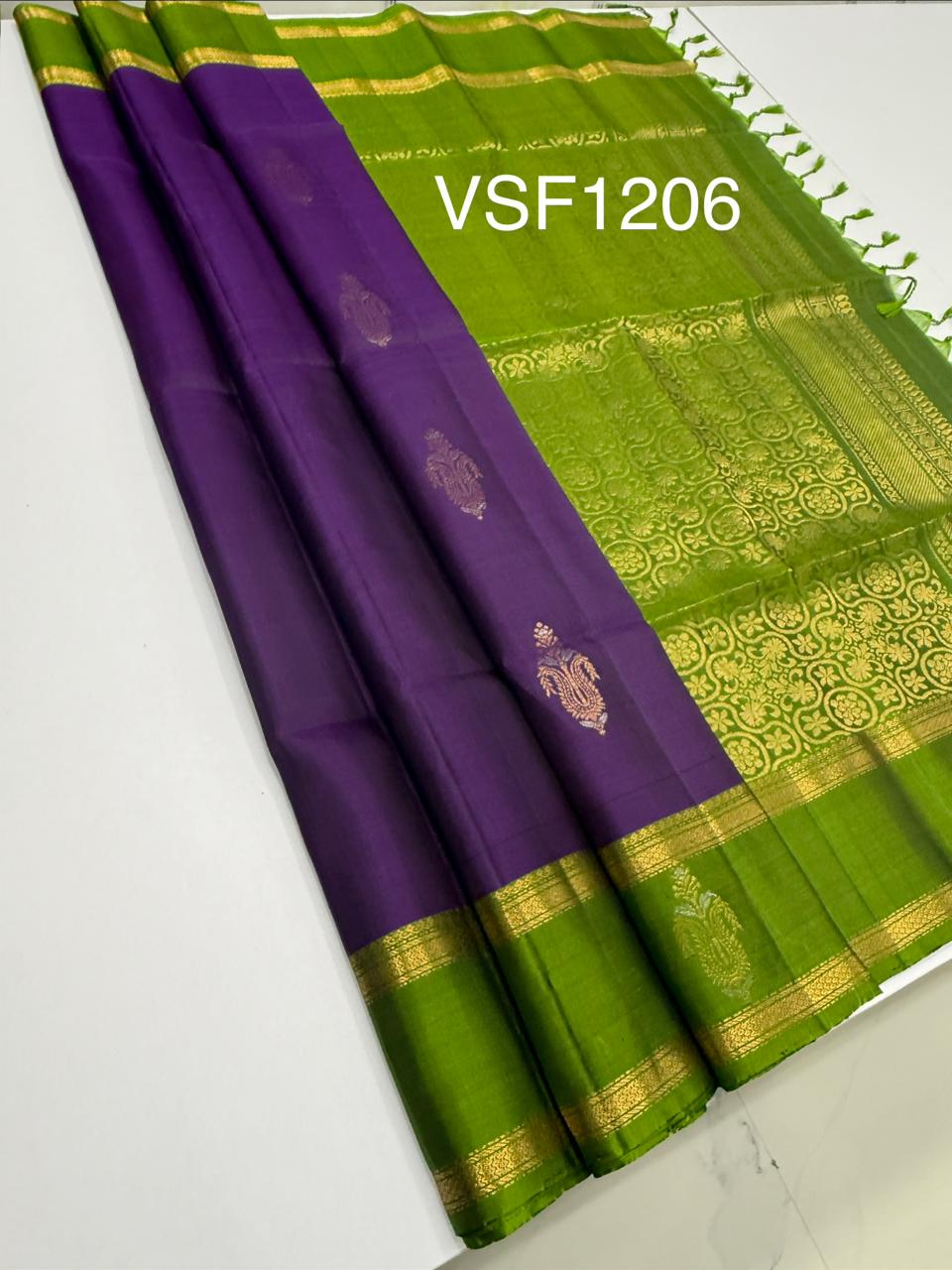 VSF1206 - violet color body , leaf green color pallu,blouse - Pure silk saree