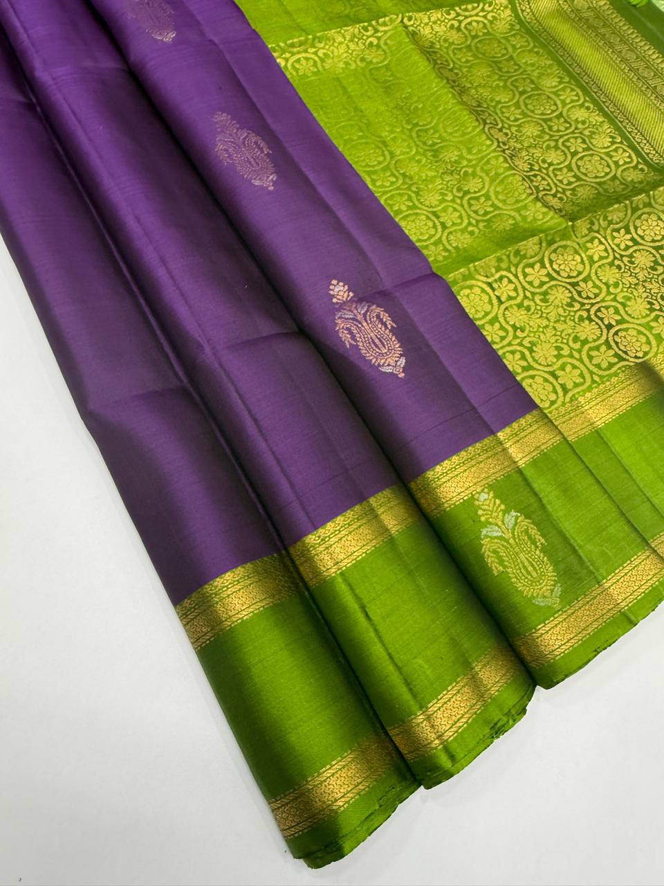 VSF1206 - violet color body , leaf green color pallu,blouse - Pure silk saree