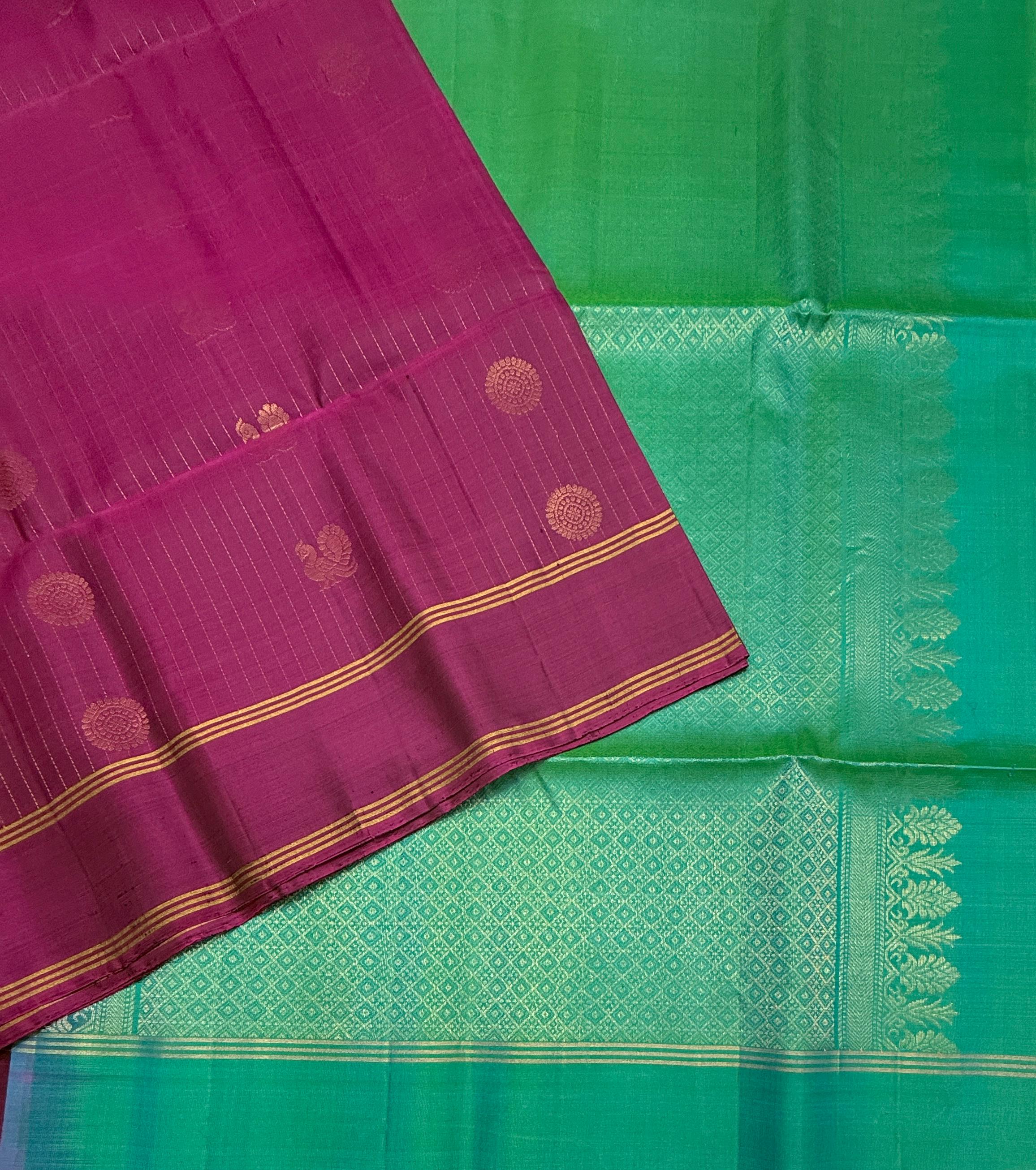 VSF1209 - purple color body , bluish green color pallu,blouse - Pure silk saree
