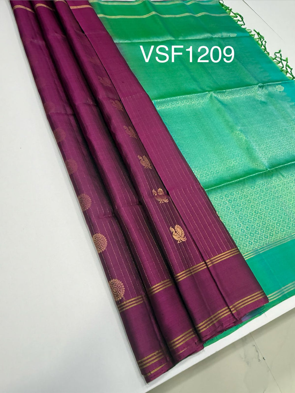 VSF1209 - purple color body , bluish green color pallu,blouse - Pure silk saree