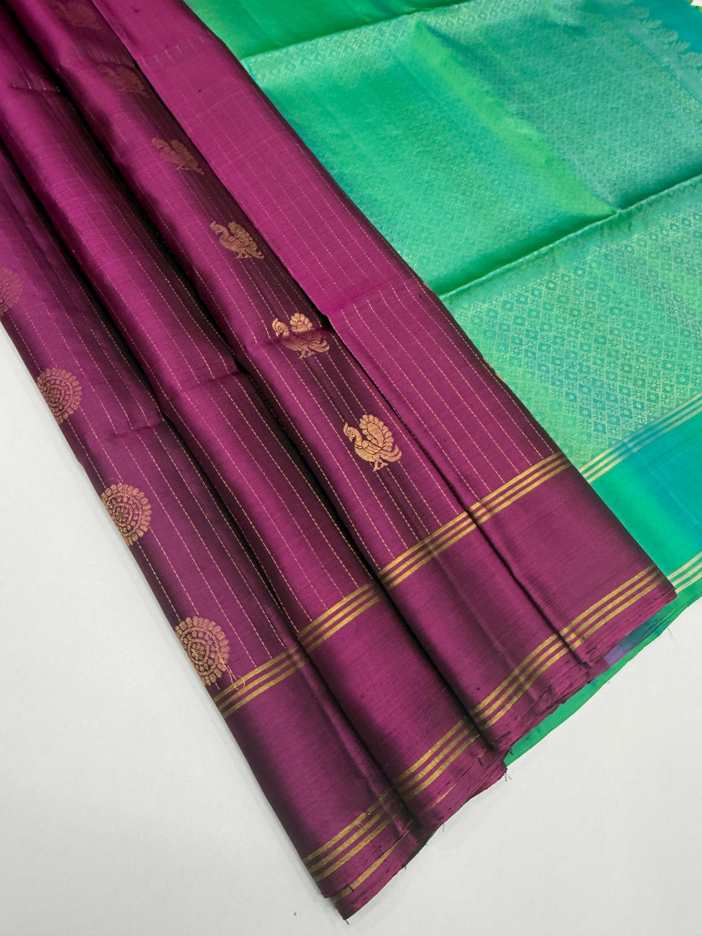VSF1209 - purple color body , bluish green color pallu,blouse - Pure silk saree