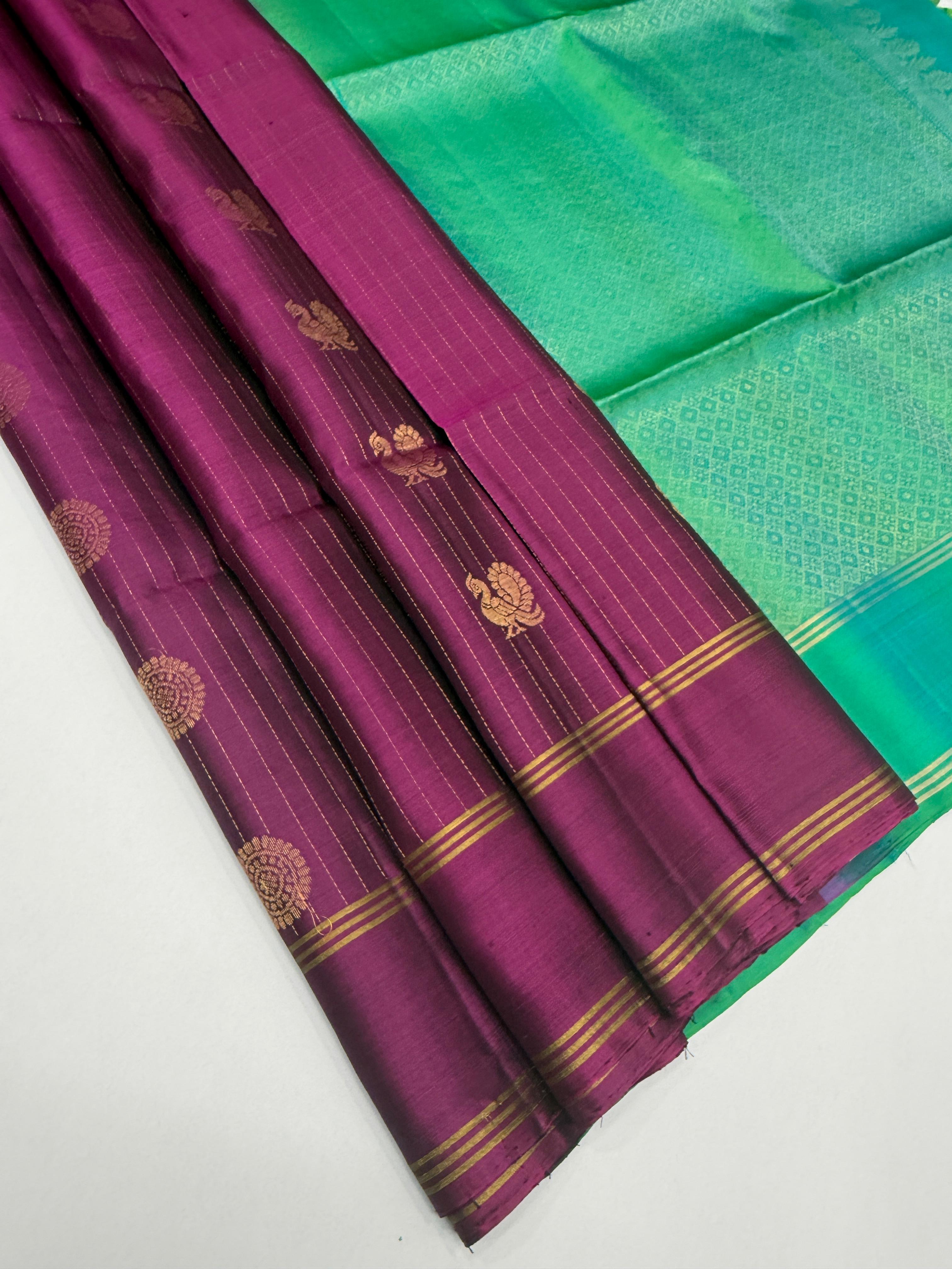 VSF1209 - purple color body , bluish green color pallu,blouse - Pure silk saree