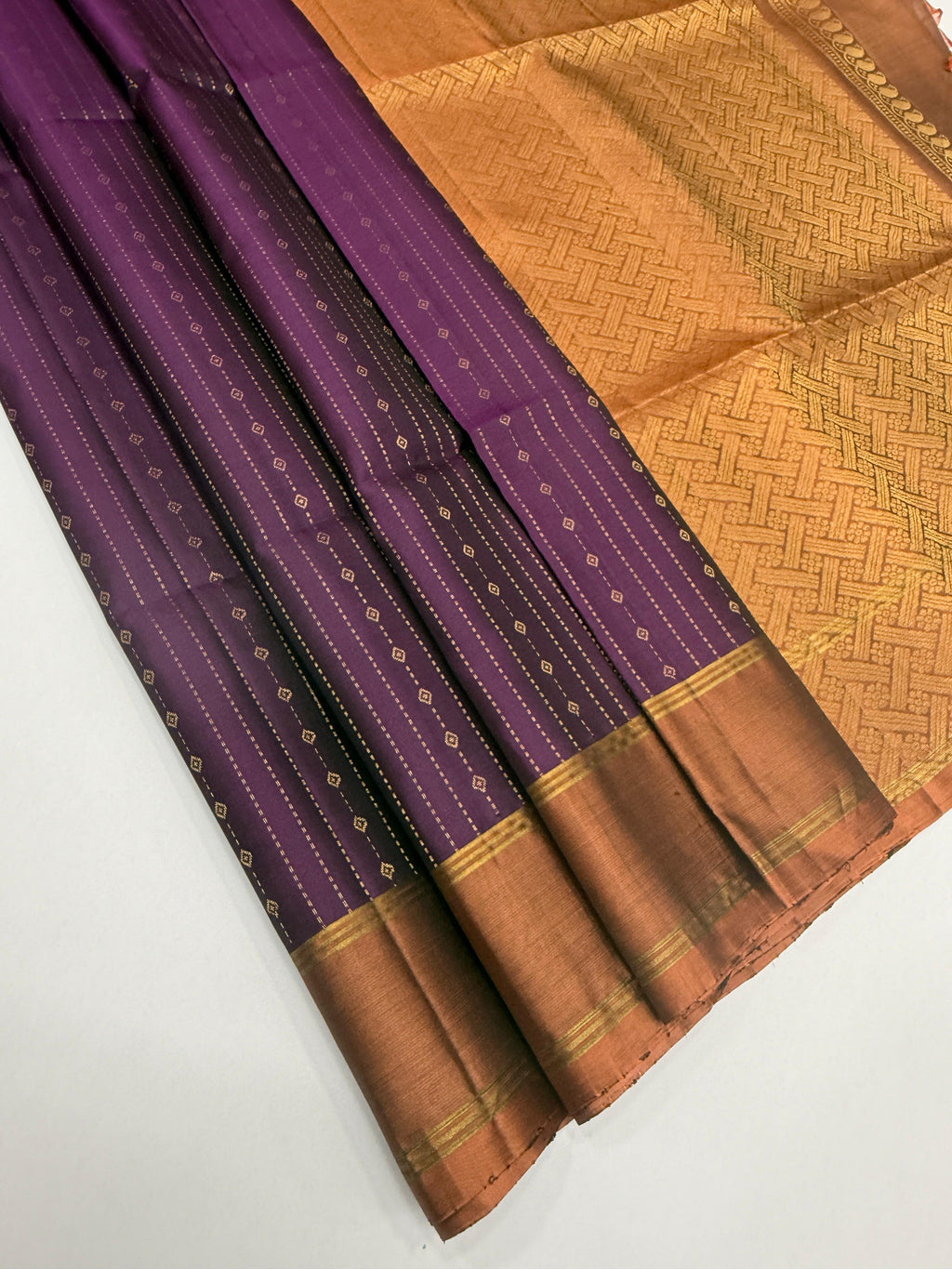 VSF1210 - dark purple color body , peach with black color pallu,blouse - Pure silk saree