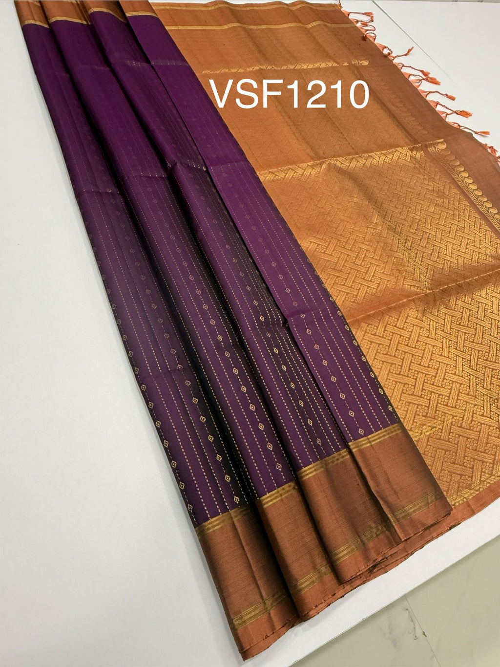 VSF1210 - dark purple color body , peach with black color pallu,blouse - Pure silk saree