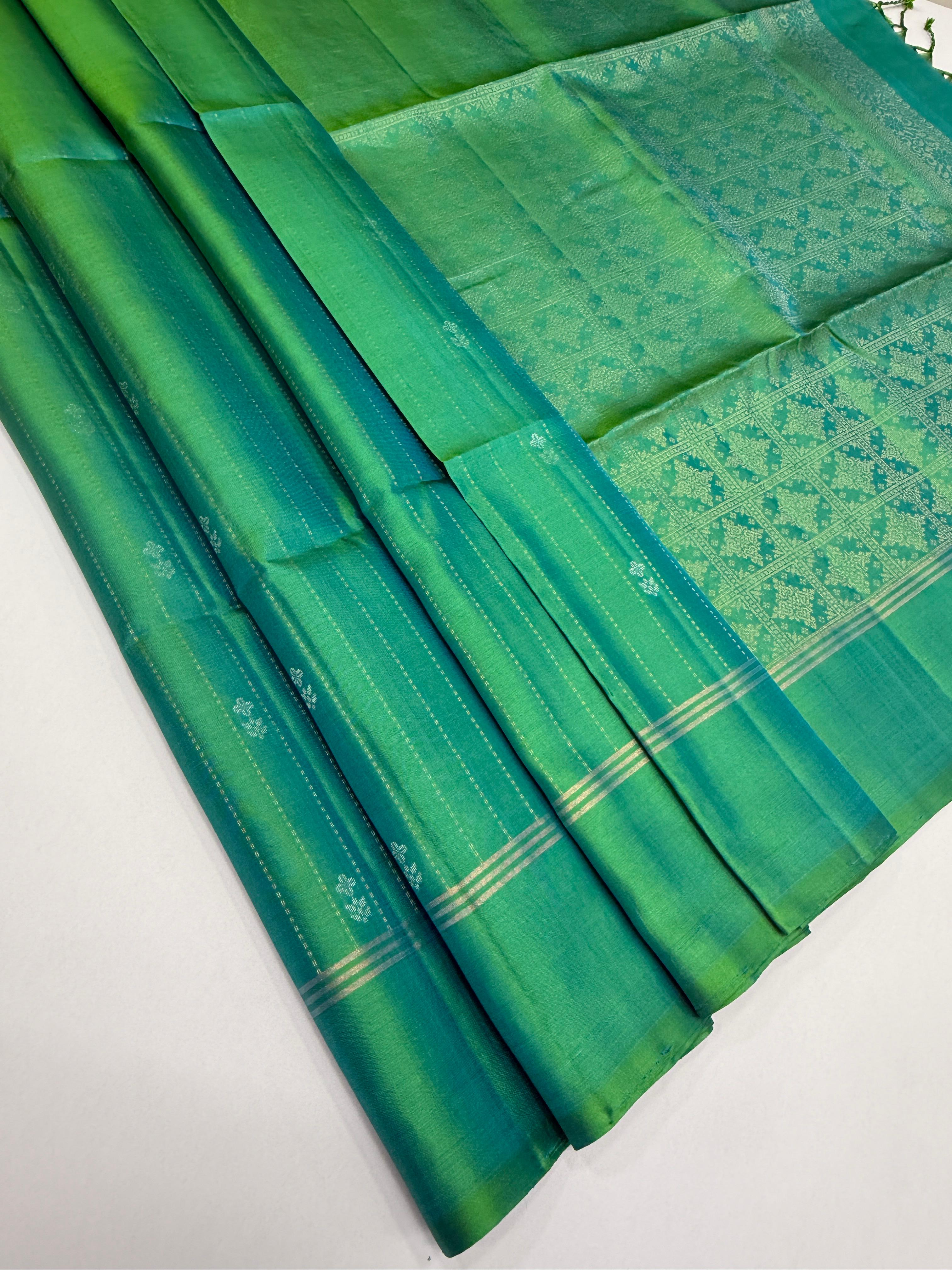VSF1213 - bluish green color body , pallu,blouse - Pure silk saree