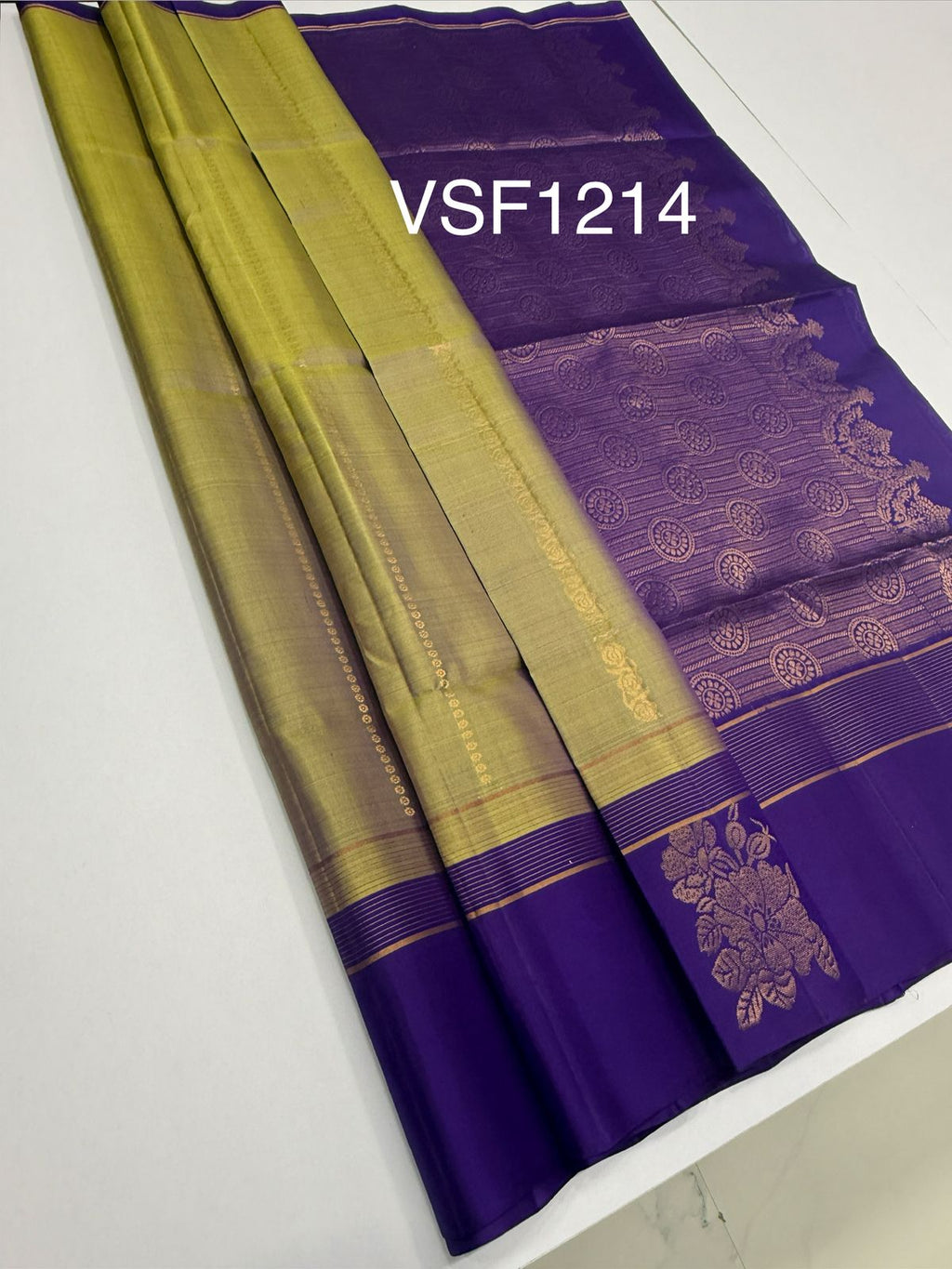 VSF1214 - yellow with violet color body , violet color pallu,blouse - Pure silk saree