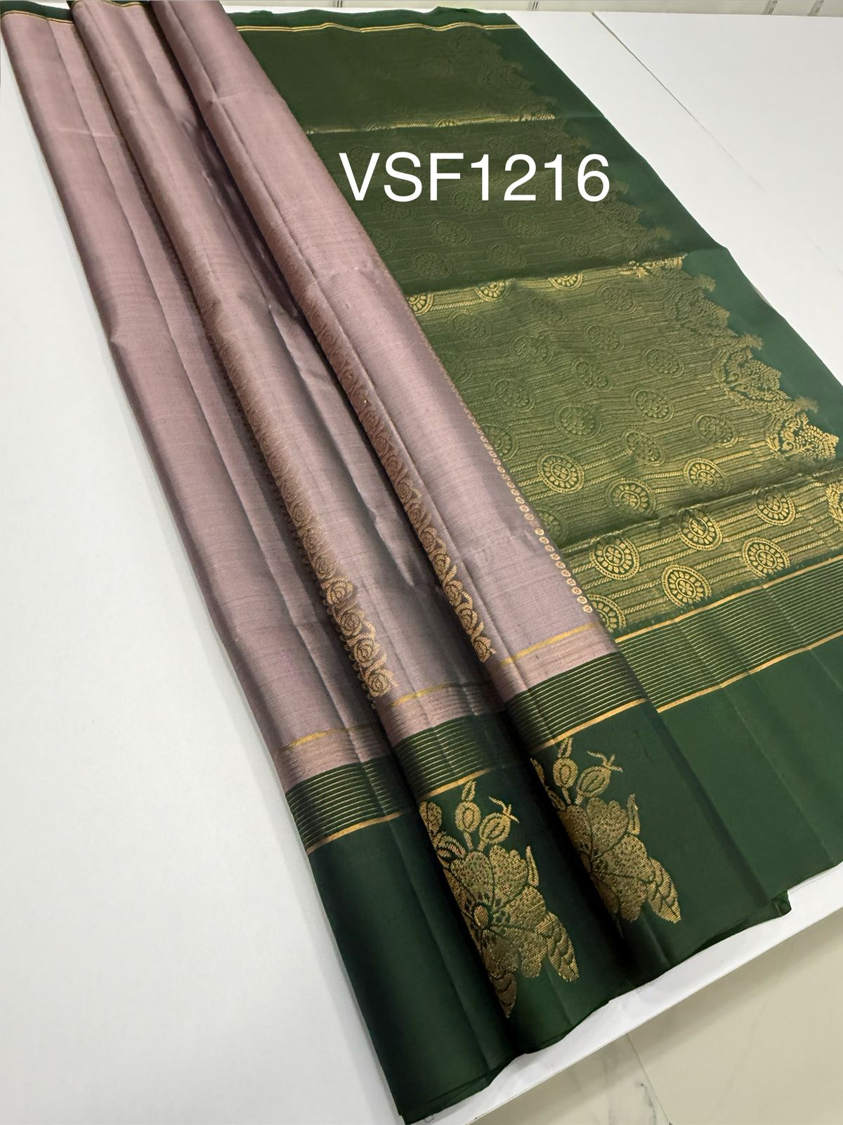 VSF1216 - grey with green color body , dark green color pallu,blouse - Pure silk saree