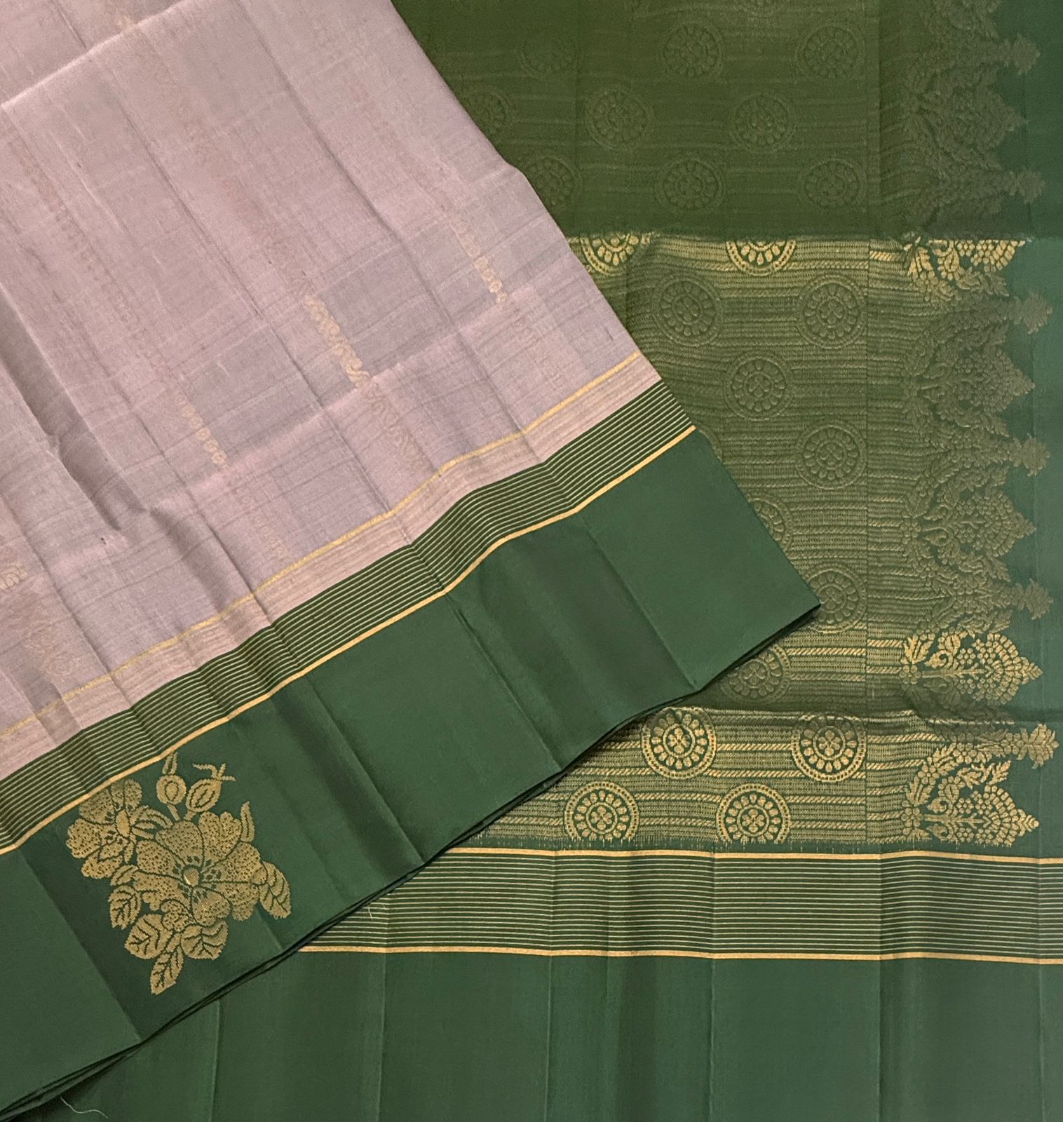 VSF1216 - grey with green color body , dark green color pallu,blouse - Pure silk saree