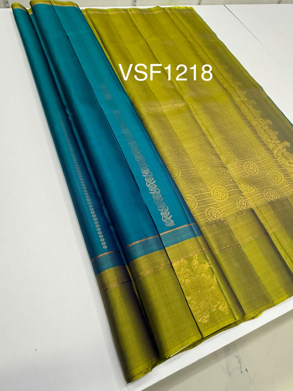 VSF1218 - peacock blue color body , oliove with violet color pallu,blouse - Pure silk saree