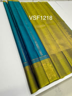 VSF1218 - peacock blue color body , oliove with violet color pallu,blouse - Pure silk saree