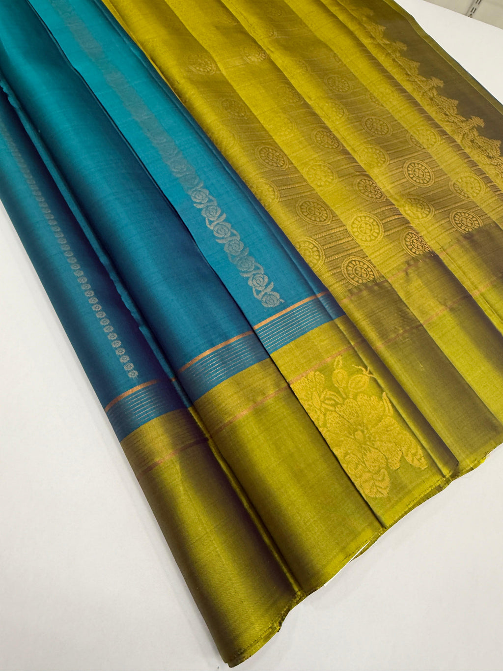 VSF1218 - peacock blue color body , oliove with violet color pallu,blouse - Pure silk saree