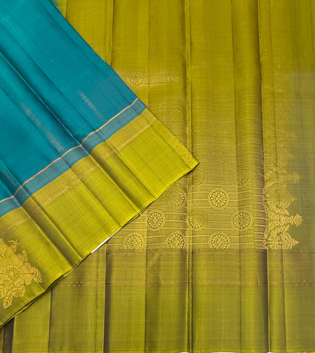 VSF1218 - peacock blue color body , oliove with violet color pallu,blouse - Pure silk saree