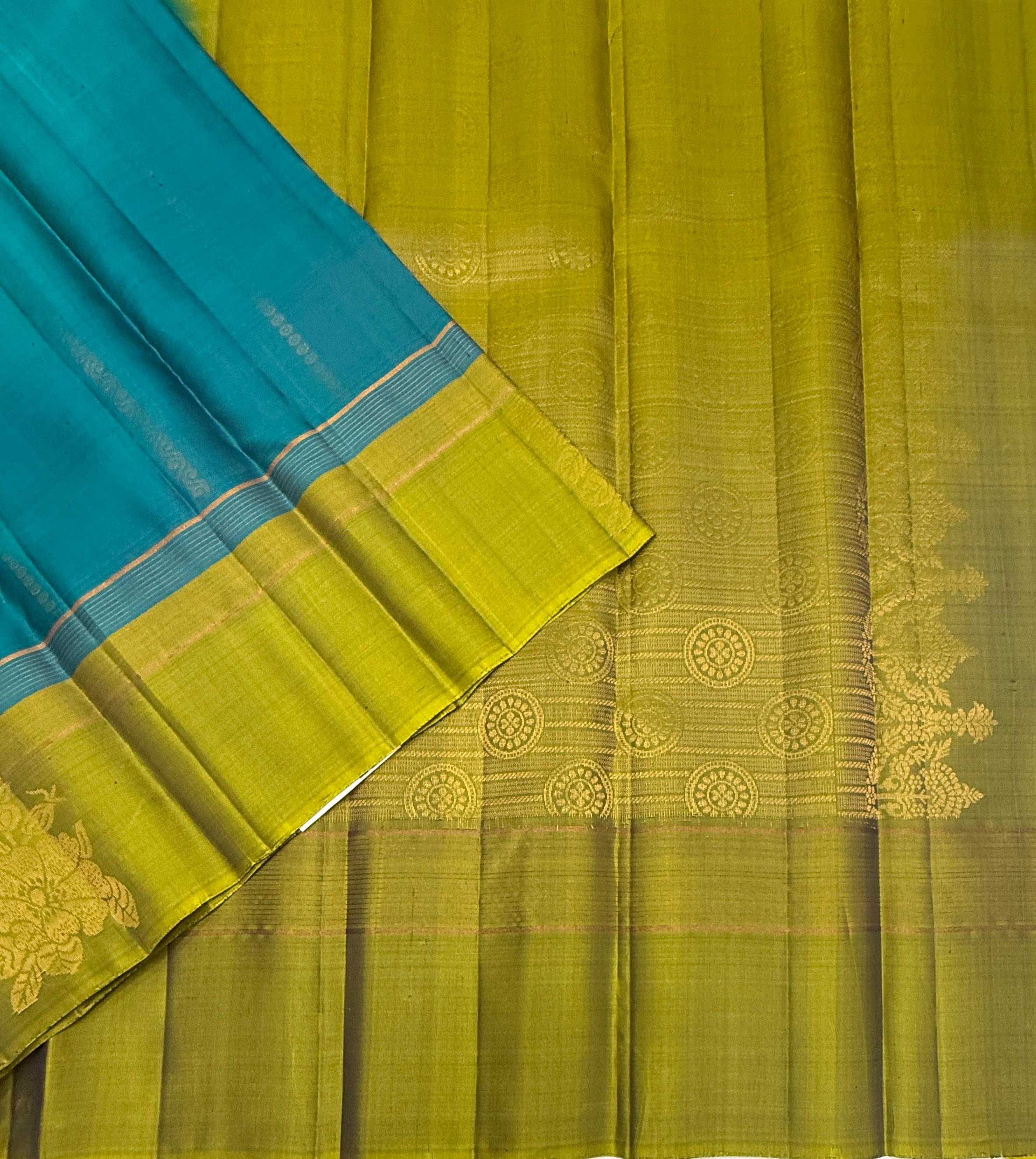 VSF1218 - peacock blue color body , oliove with violet color pallu,blouse - Pure silk saree