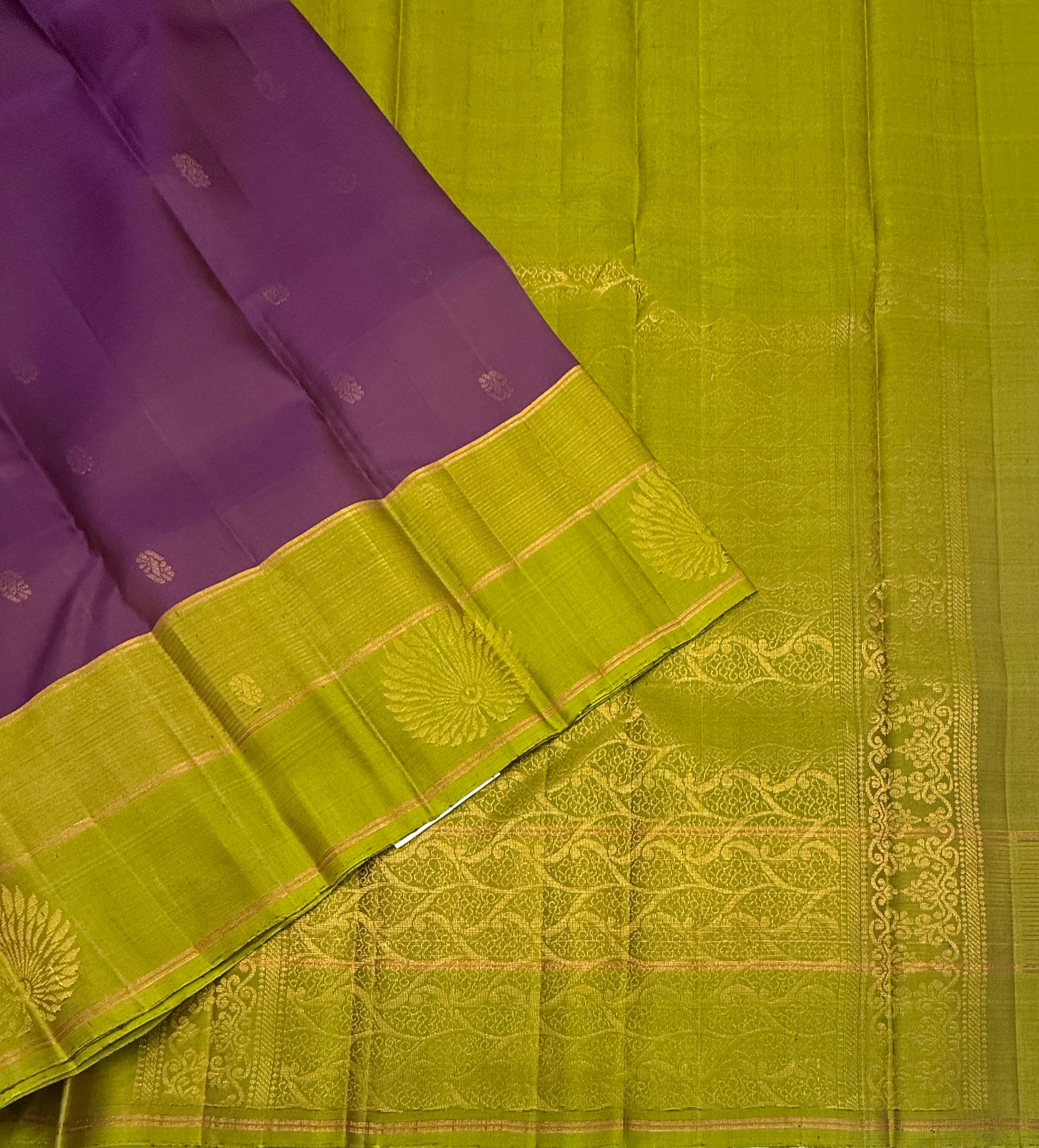 VSF1219 - dark purple color body , olive with violet color pallu,blouse - Pure silk saree