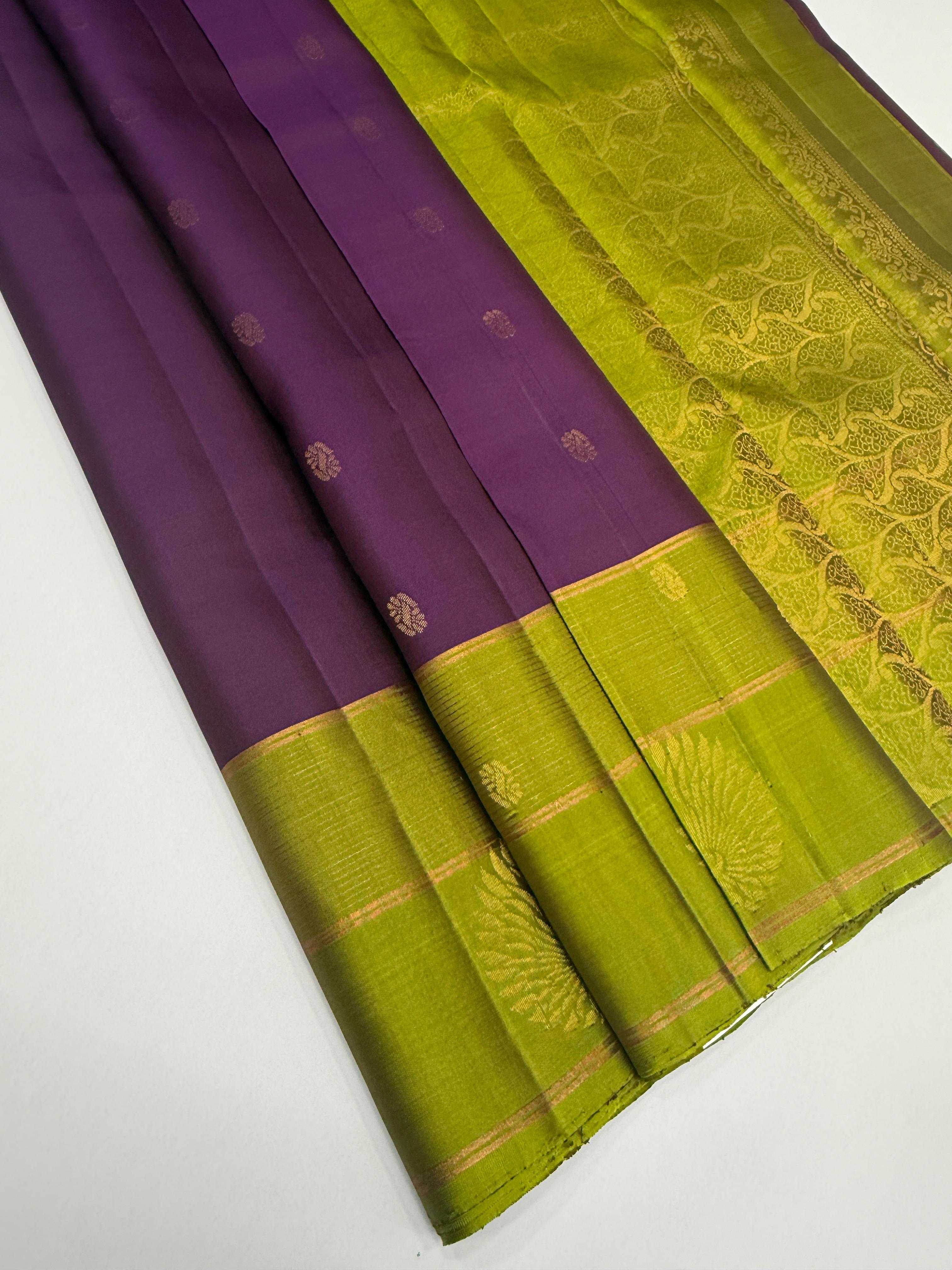 VSF1219 - dark purple color body , olive with violet color pallu,blouse - Pure silk saree