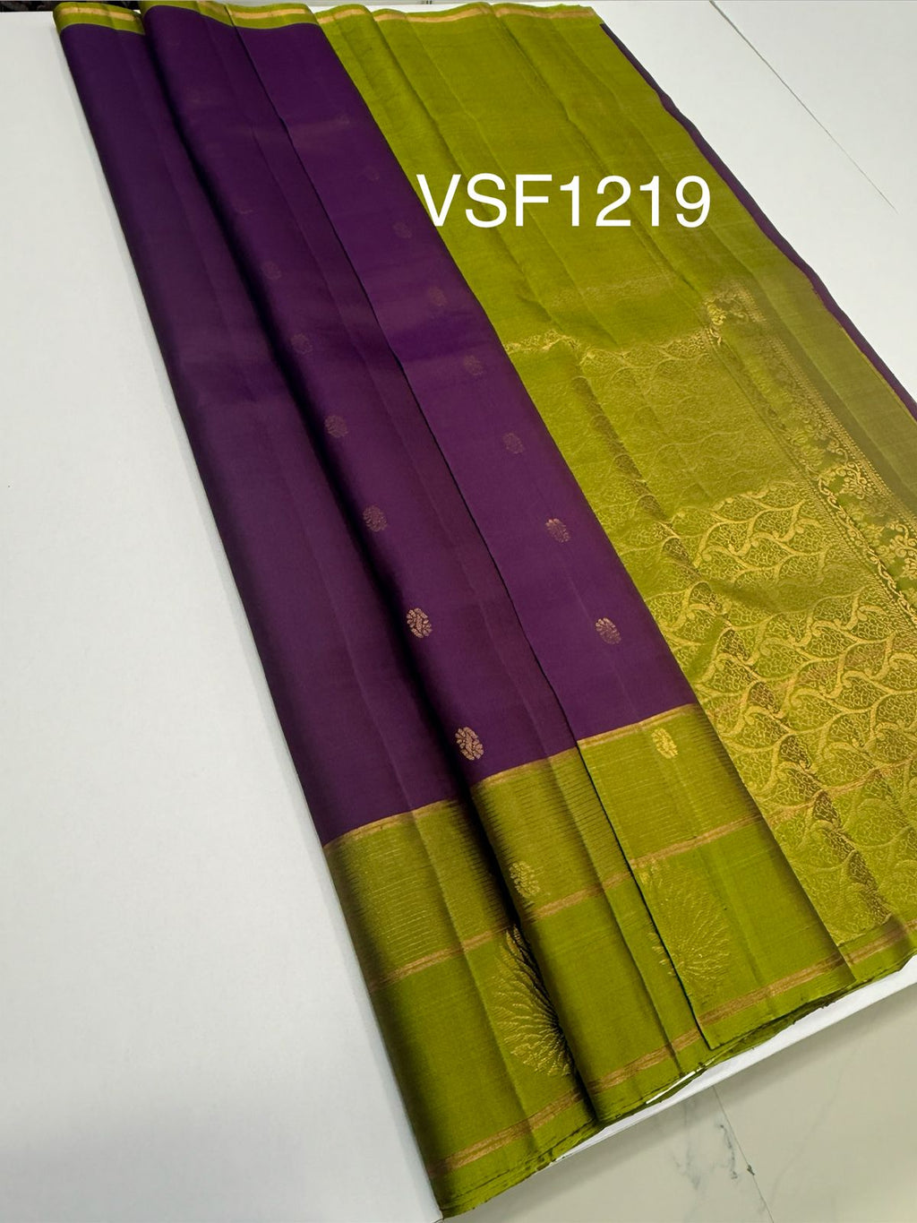 VSF1219 - dark purple color body , olive with violet color pallu,blouse - Pure silk saree