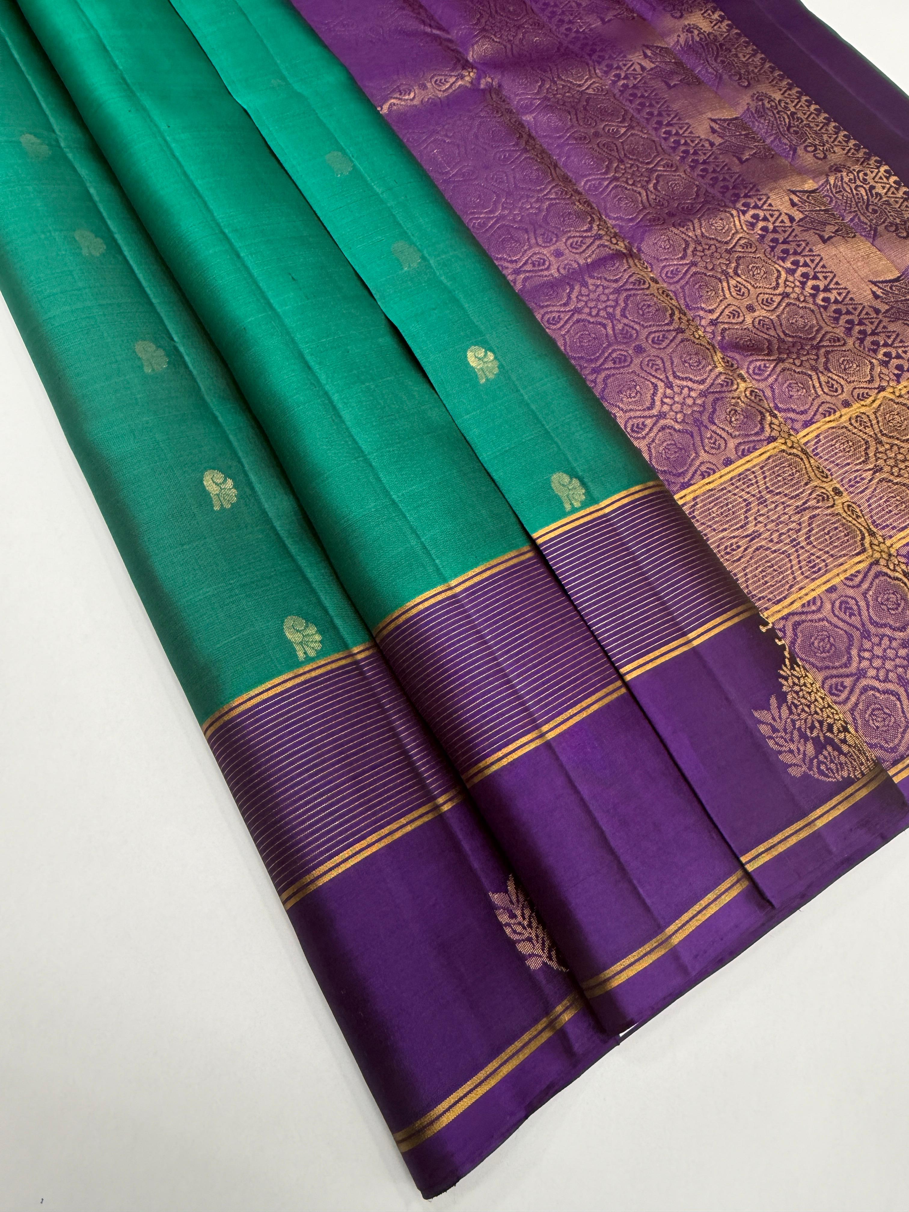 VSF1220 - peacock green color body , violet color pallu,blouse - Pure silk saree