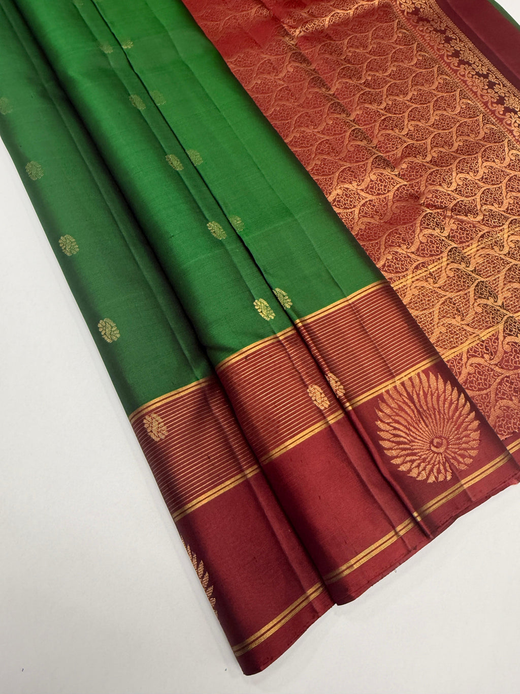 VSF1221 - dark green color body , maroon color pallu,blouse - Pure silk saree