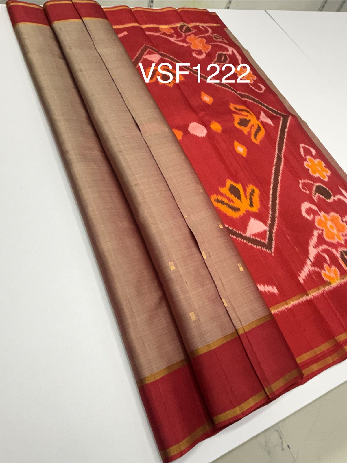 VSF1222 - light peach with red color body , red color pallu,blouse - Pure silk saree