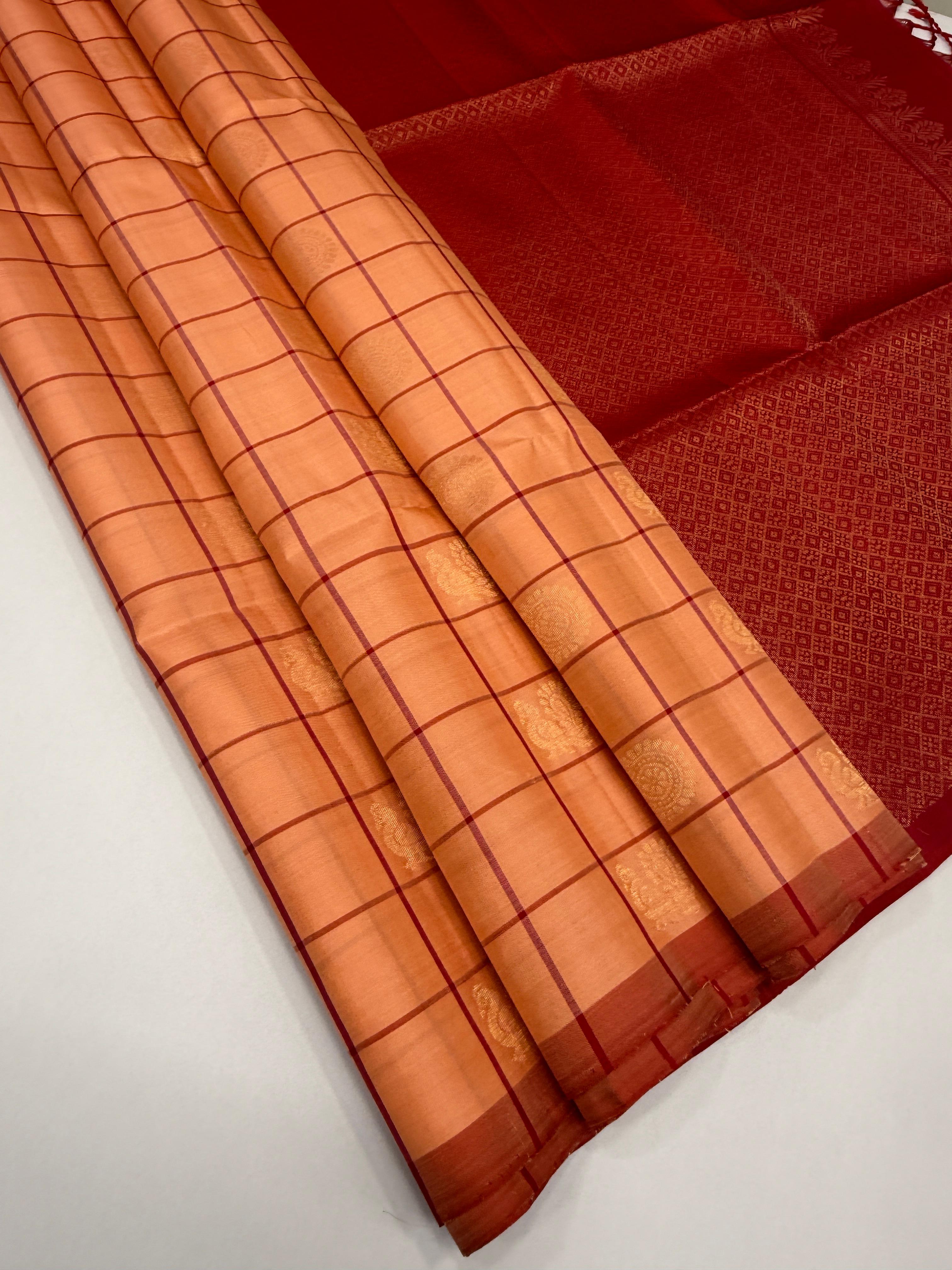VSF1225 - peach color body , red color pallu,blouse - Pure silk saree