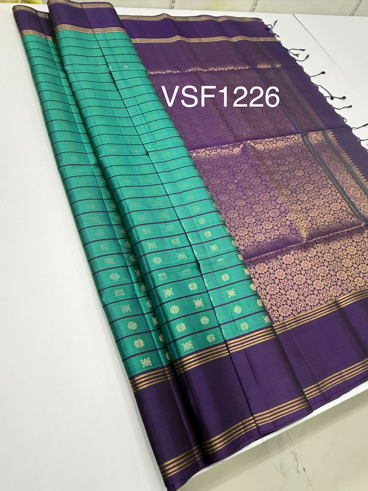 VSF1226 - pastel green color body , violet color pallu,blouse - Pure silk saree