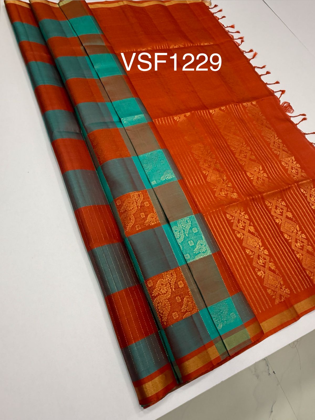 VSF1229 - multicolor color body , orange color pallu,blouse - Pure silk saree