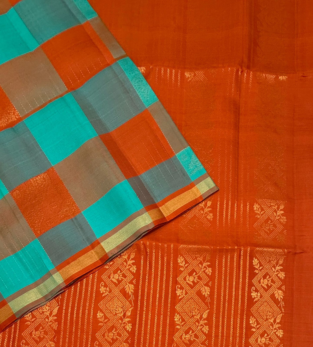 VSF1229 - multicolor color body , orange color pallu,blouse - Pure silk saree
