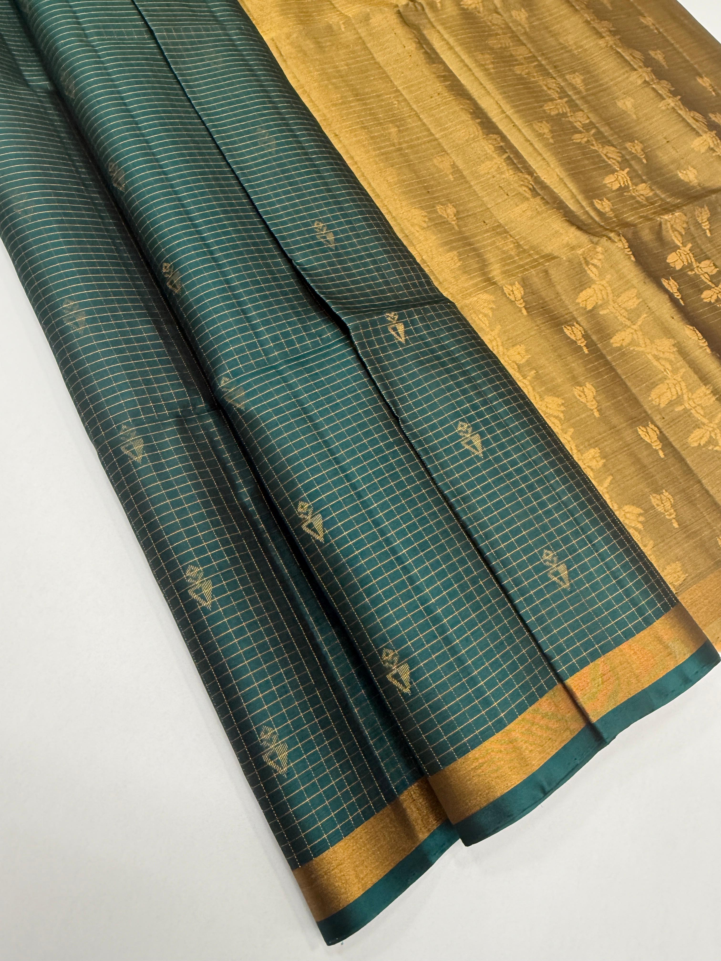 VSF1231 - peacock green color body , beige color pallu,blouse - Pure silk saree