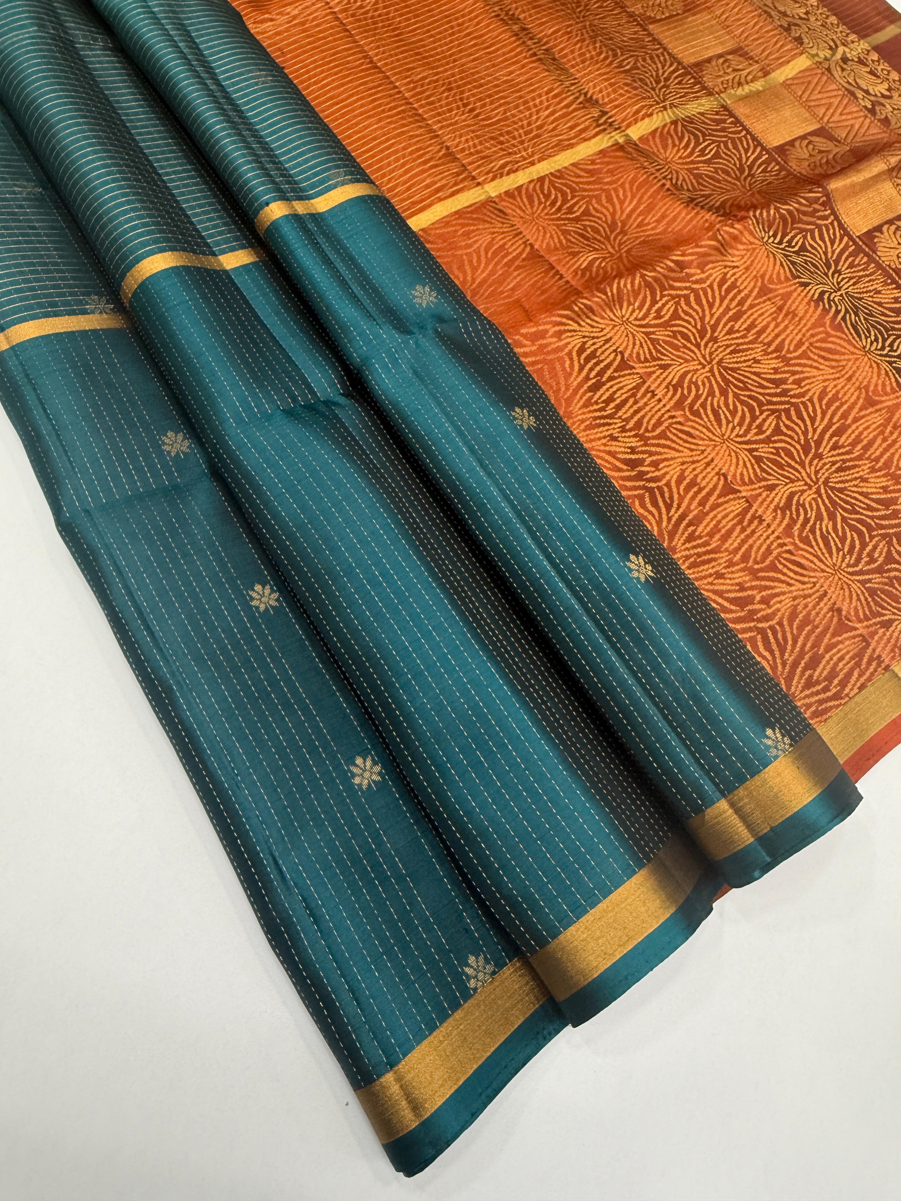 VSF1233 - peacock green color body , rust orange color pallu,blouse - Pure silk saree