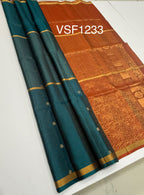 VSF1233 - peacock green color body , rust orange color pallu,blouse - Pure silk saree