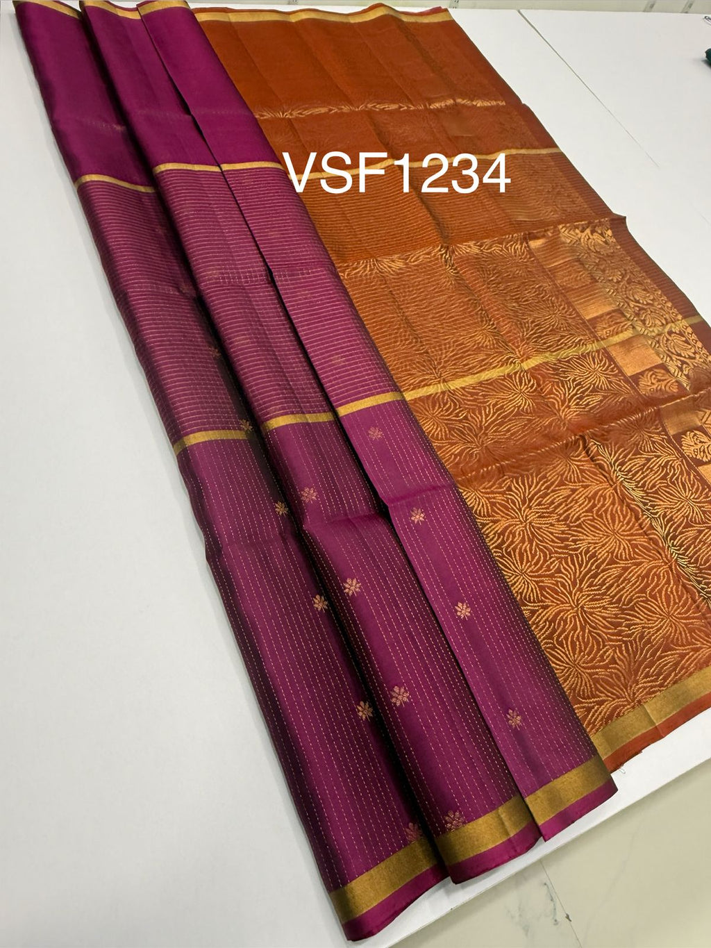 VSF1234 - purple color body , rust orange color pallu,blouse - Pure silk saree