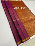VSF1234 - purple color body , rust orange color pallu,blouse - Pure silk saree