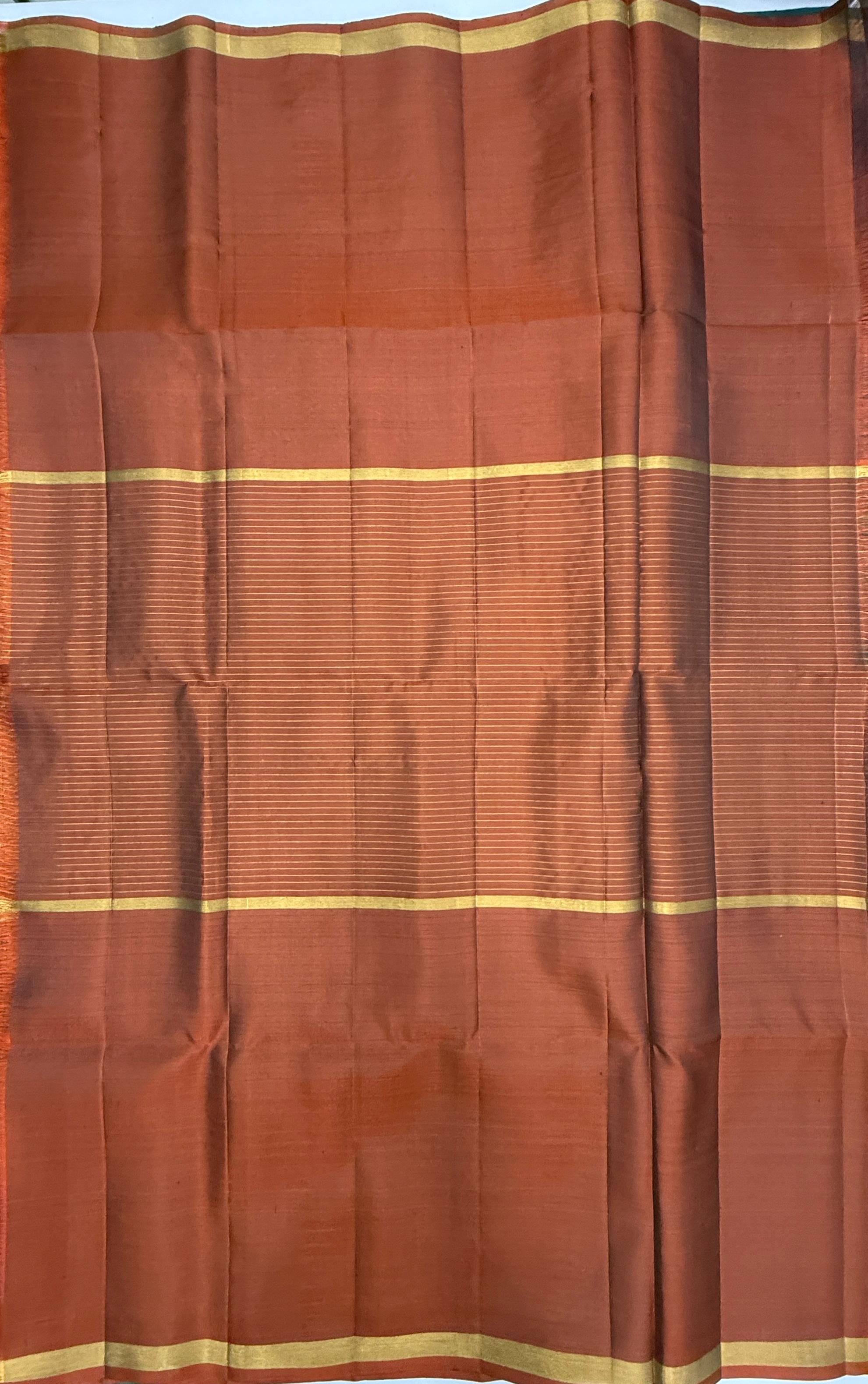 VSF1233 - peacock green color body , rust orange color pallu,blouse - Pure silk saree