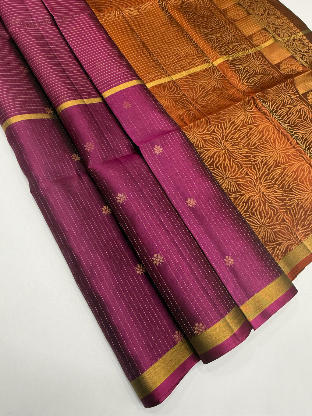 VSF1234 - purple color body , rust orange color pallu,blouse - Pure silk saree