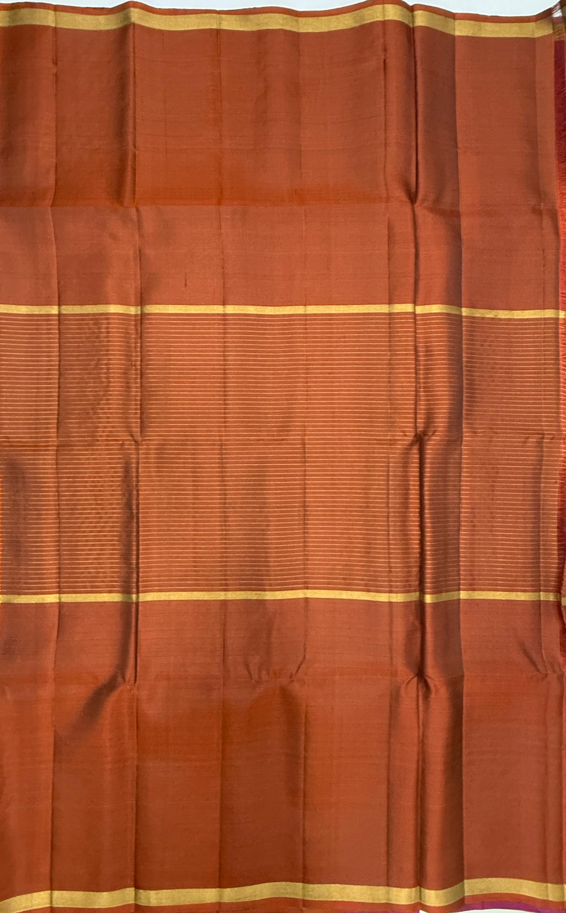 VSF1234 - purple color body , rust orange color pallu,blouse - Pure silk saree