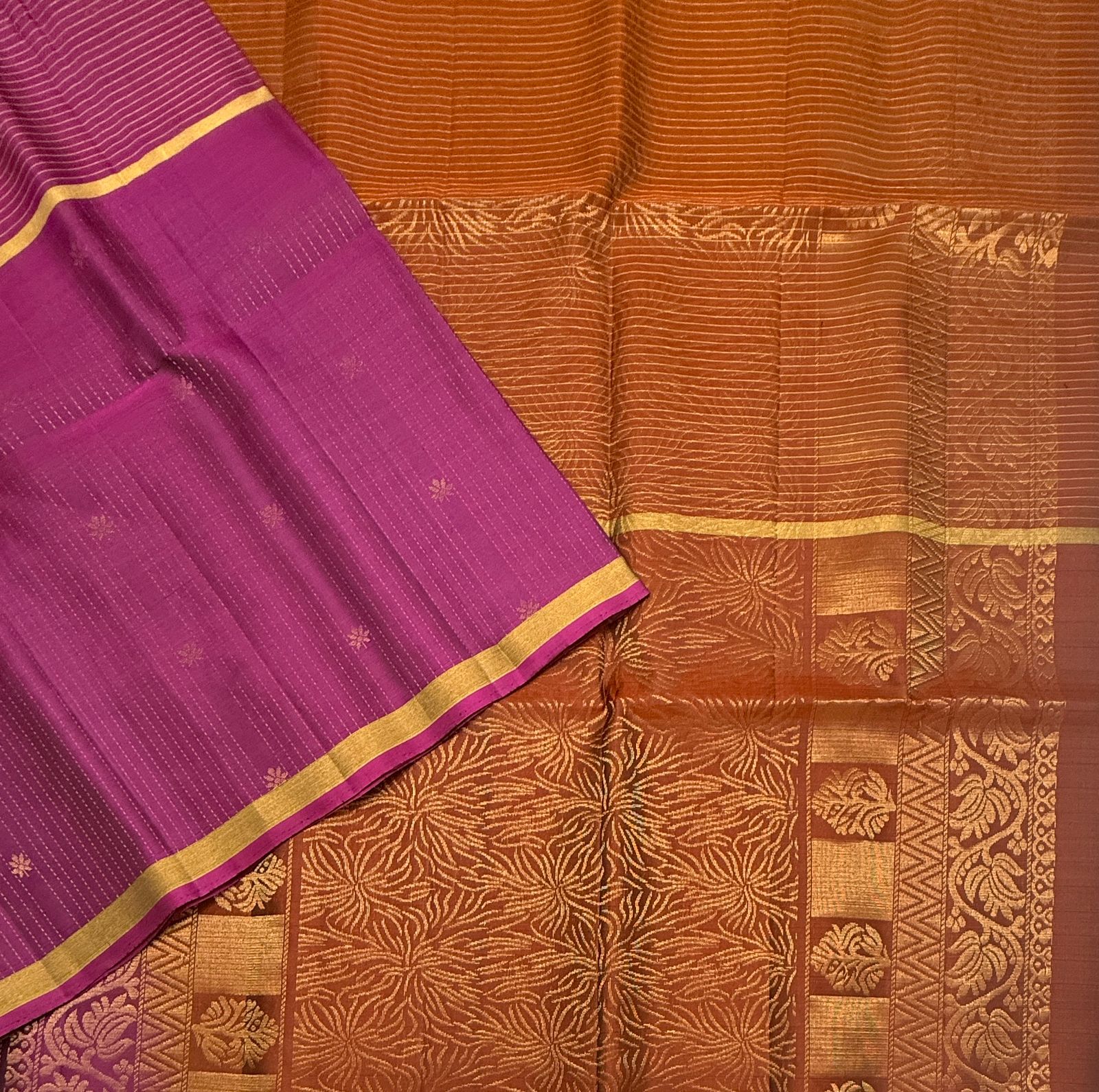 VSF1234 - purple color body , rust orange color pallu,blouse - Pure silk saree
