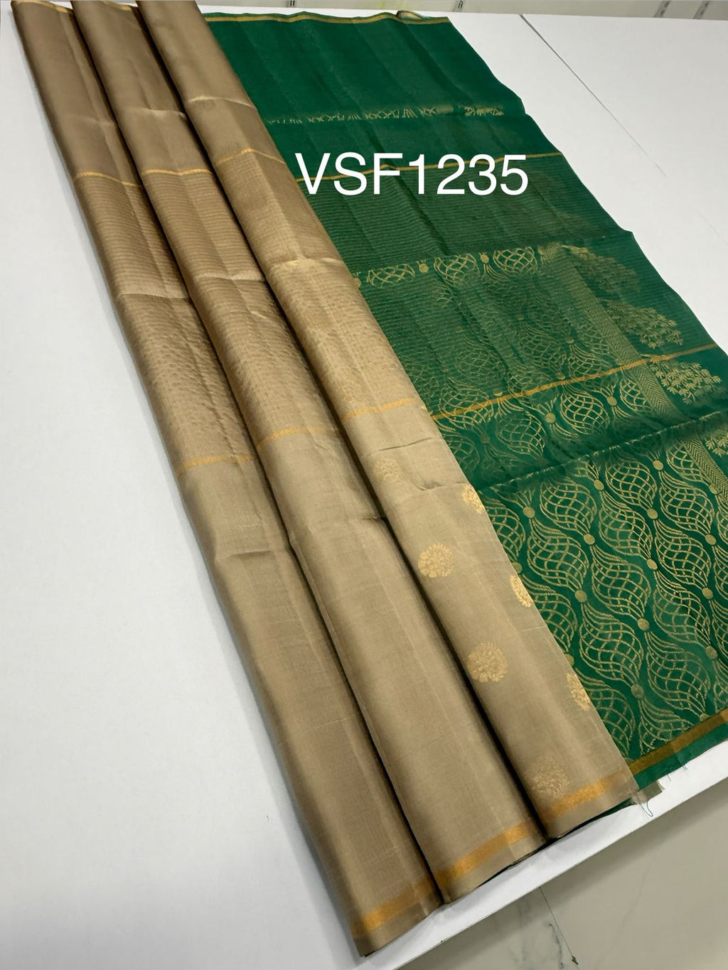 VSF1235 - beige color body , pastel green color pallu,blouse - Pure silk saree