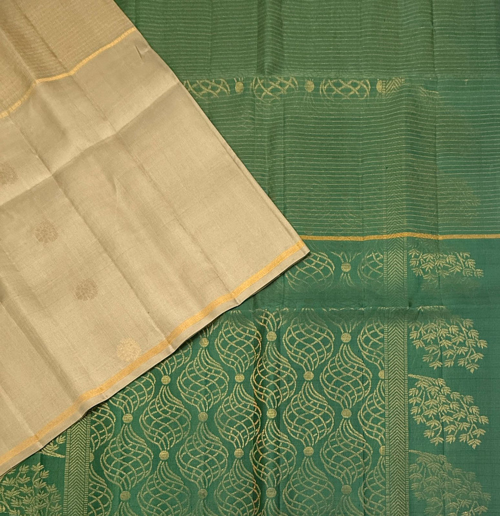 VSF1235 - beige color body , pastel green color pallu,blouse - Pure silk saree