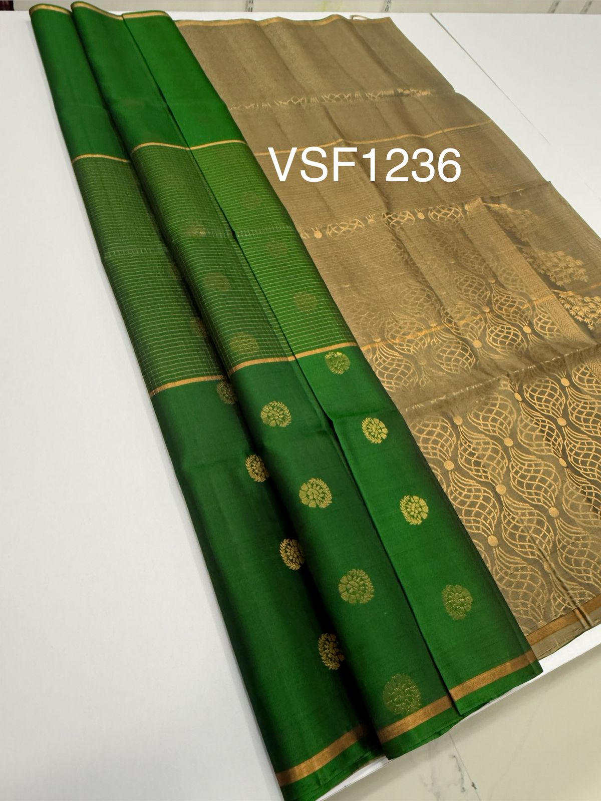 VSF1236 - leaf green color body , dark beige color pallu,blouse - Pure silk saree